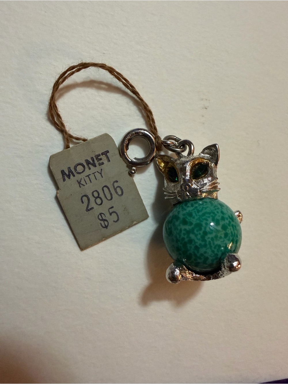 Monet Silver-Tone Cat Pendant with Green Bead